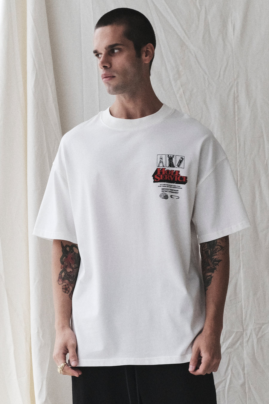 Kolaj Baskılı Ekru Oversize T-Shirt
