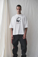 Disconnected Kulaklık Baskılı Beyaz Oversize T-Shirt