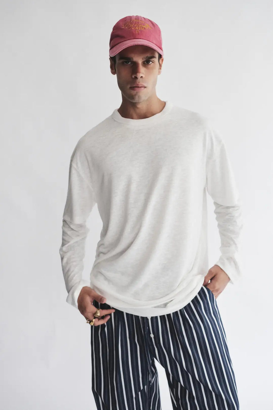 Ekru Çift Kollu Relaxed Fit Triko T-Shirt