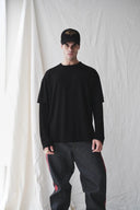 Siyah Çift Kollu Relaxed Fit Triko T-Shirt