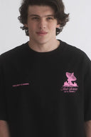 Service Satellite Baskılı Siyah Oversize T-Shirt