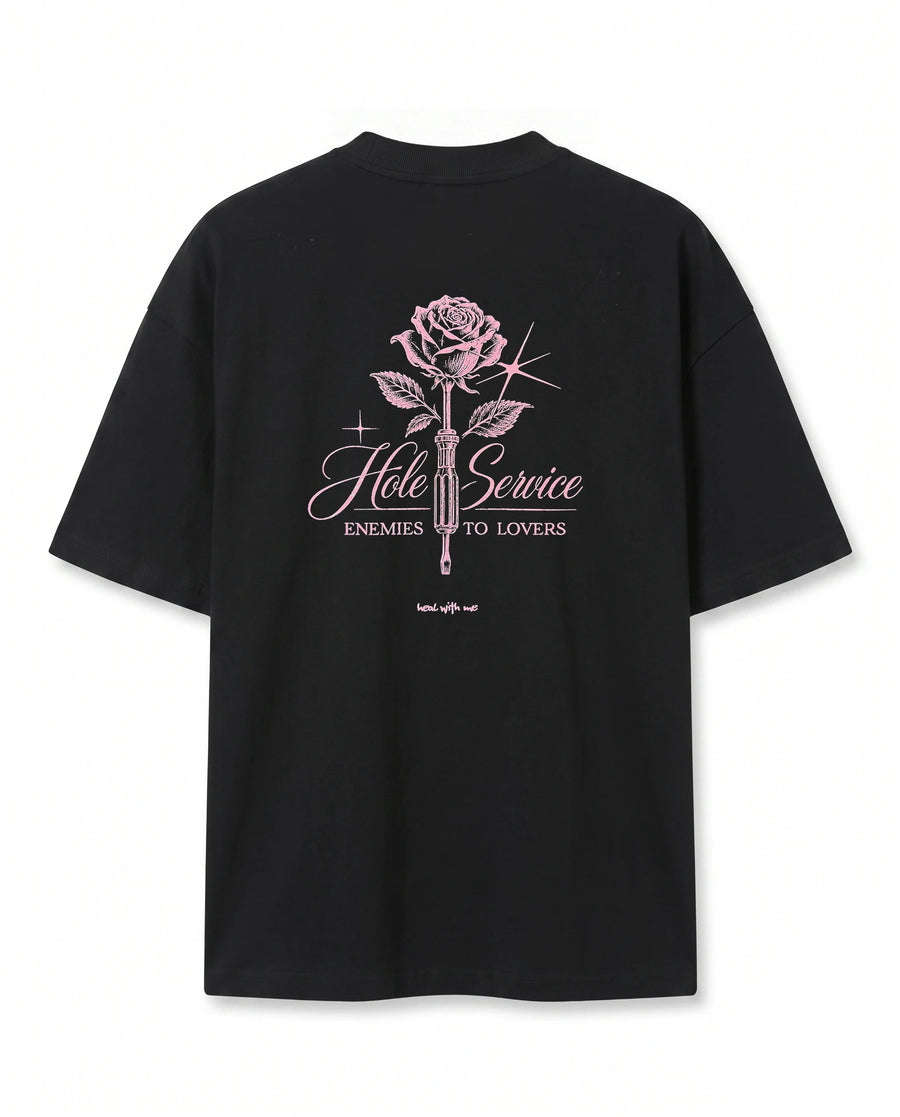 Gül Grafik Baskılı Siyah Oversize T-Shirt