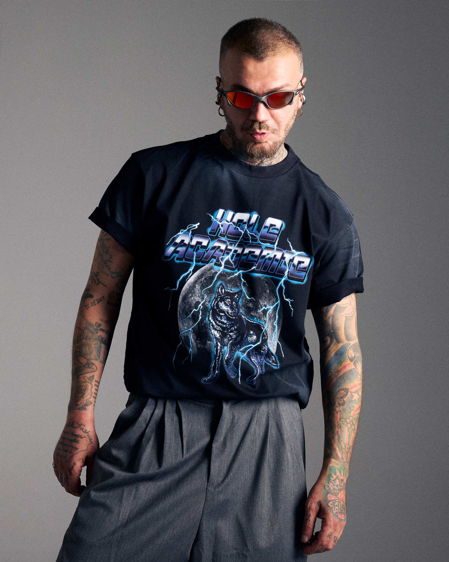 Siyah Kurt Baskılı Püskürtme Detay T-Shirt