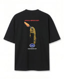 Spagetti Grafik Baskılı Siyah Oversize T-shirt