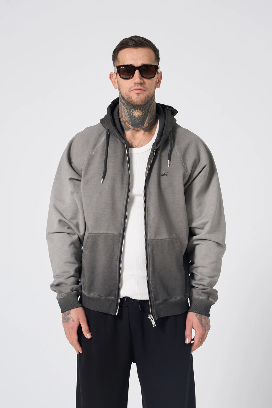 Hole Washed Tam Fermuarlı Hoodie